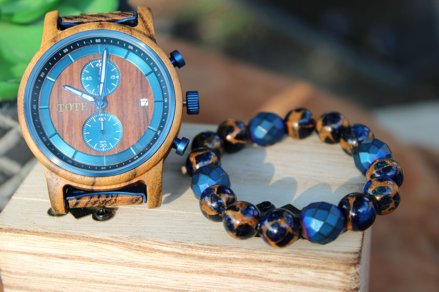 Times of the Essences Wood Watch paired with our custom Classics bead bracelet Marble Blue (sold separately)