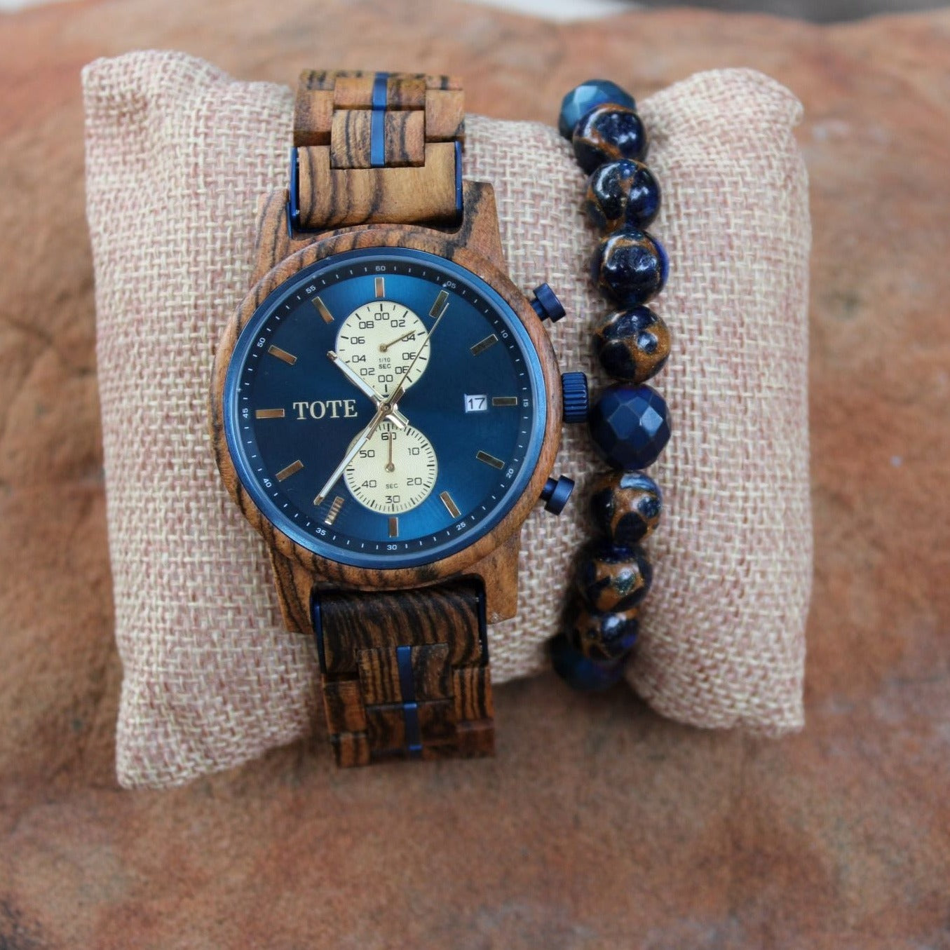 Times of the Essence (TOTE) wood watch Allure coupled with our Bead Bracelet Marble Blue from our Classics collection (sold separately).