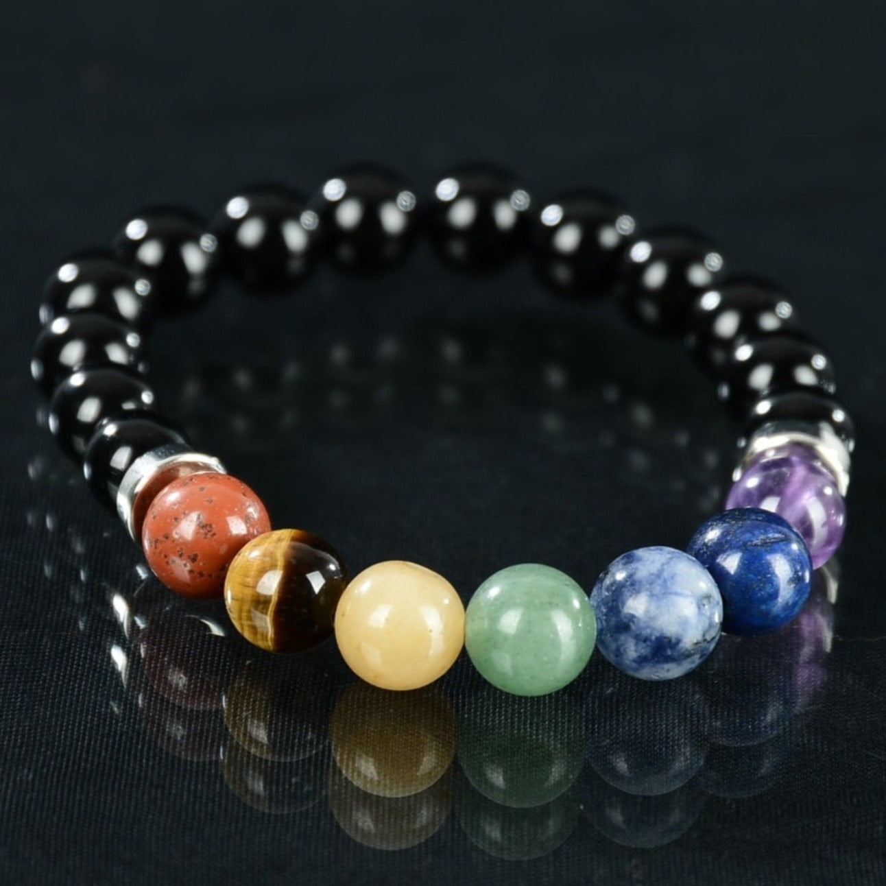 Chakra Bead bracelet made with Black Obsidian beads. Made to order.